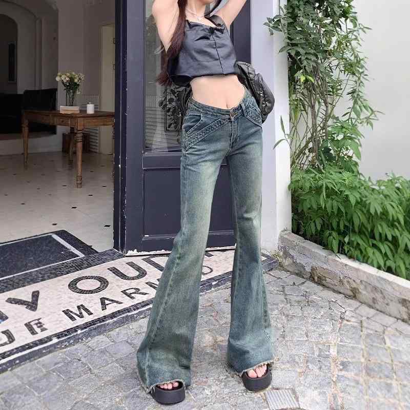 デニム レディース ローライズ ヴィンテージ風 フレアジーンズ デザイン 切り替え カットオフ 美脚 着痩せ 通勤 カジュアルパンツ ジーパン 綿 伸縮性 秋冬