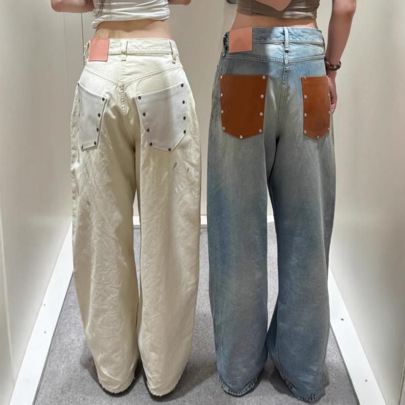 デニム レディース 高腰 ワイドレッグパンツ ヴィンテージ風 ダメージ加工 切り替え スタイル ストレート ジーンズ ジーパン 綿 再生繊..