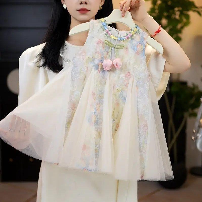 ワンピース 女児 キッズ 夏物 Aライン タンクトップ チュニック スカート 80 90 100 110 120 130 140 150 ベージュ系 コーデュロイ バラモチーフ