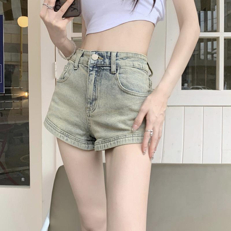 Cropped Pants - デニム ショートパンツ レディース 高弾性 高腰 Aライン 美脚 presentation 接触冷感 ジーパン ホットパンツ ズボン 浅色