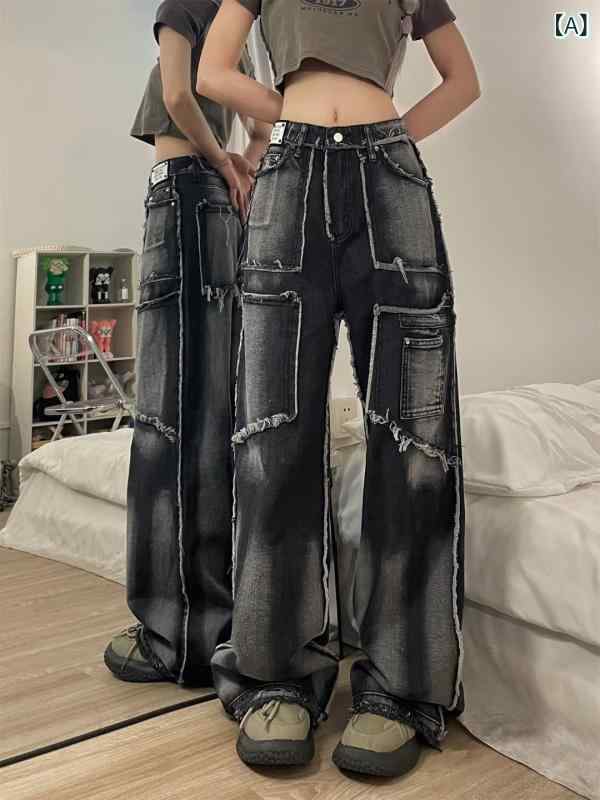 デニムパンツ レディース ヒップホップ ストリート ダメージ加工 ゆるシルエット ストレート ロングパンツ ブルー ブラック 2