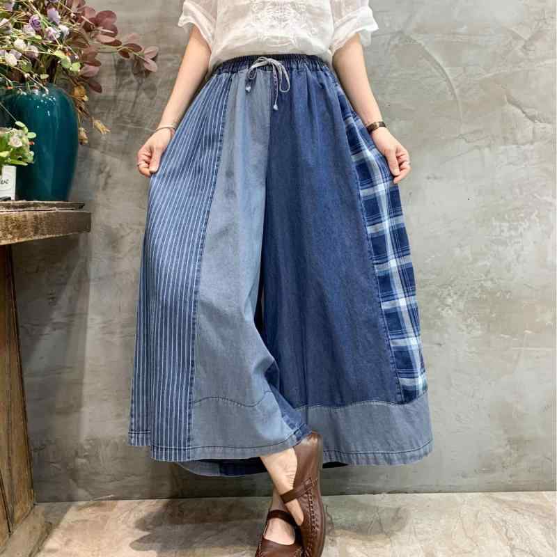 デニム レディース デニムパンツ ジーンズ ジーパン ワイドパンツ ガウチョパンツ 春秋 ゆったり ウエストゴム 切り替え 伸縮性 コットン 普段使い カジュアル(4.0)