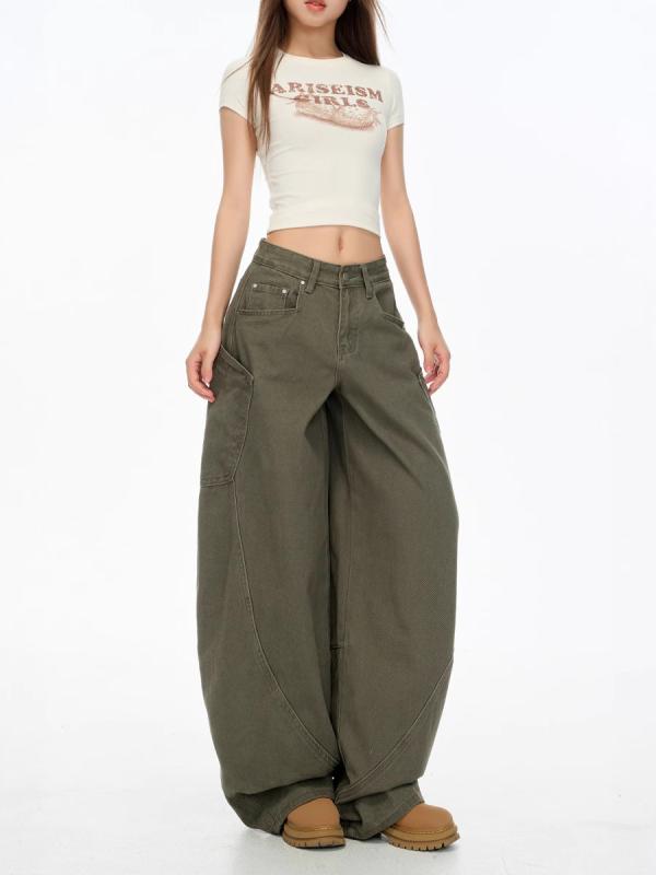 デニム レディース カーゴパンツ ワイドパンツ ズボン 軍 সবুজ カーキ 春夏 高 সবাই ডেনিম ジーンズ パンツ 綿 パンツ 切り替え 高 সবাই ডেনিম ジーンズ パンツ 綿 ডেনিম ズボン