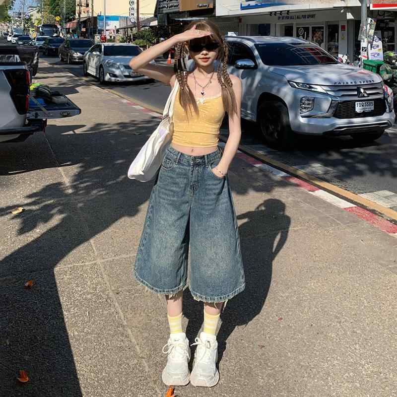 デニム レディース 2025 春夏 ワイドレッグ ジーンズ ハイウエスト スタイル 七分丈 ゆったり ルーズ レトロ ウォッシュド加工 ジーパン 綿混紡 カジュアル