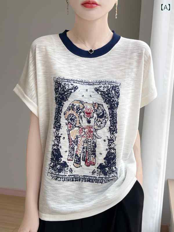 ニット セーター レディース 半袖 カットソー Tシャツ ラウンドネック クルーネック トップス バイカラー 切り替え 配色 ロールアップスリーブ ゆるシルエット ルーズ フィット プルオーバー 薄手 無地 伸縮性 カジュアル 普段使い 春夏 サマー