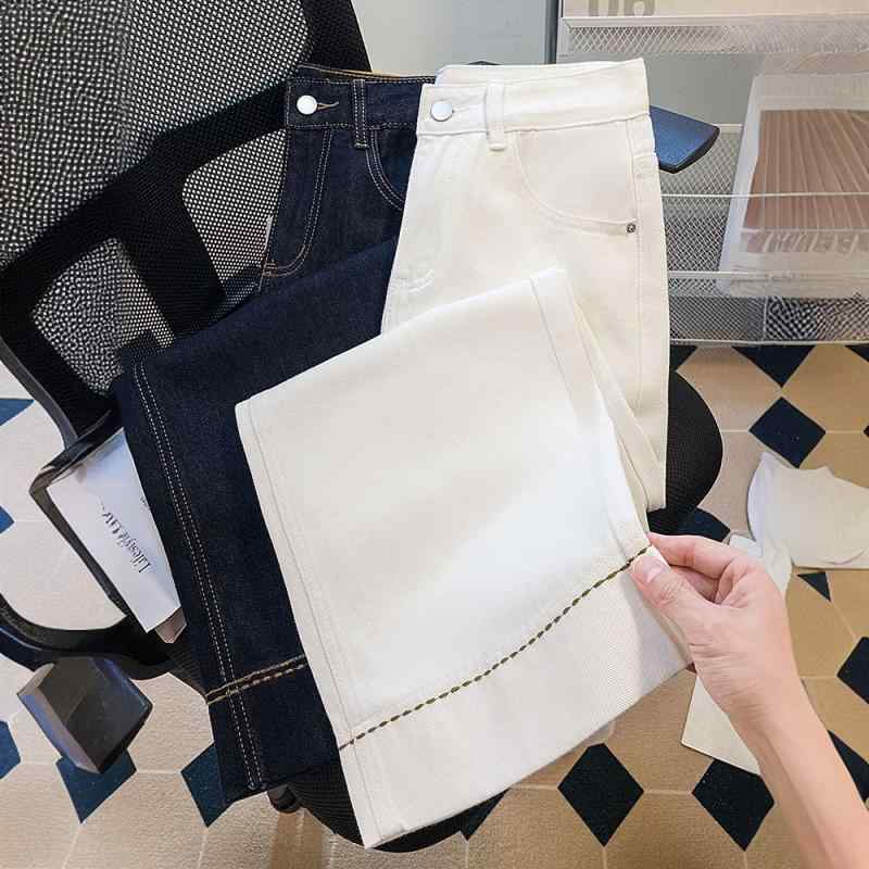 デニム レディース デニムパンツ ジーンズ ジーパン 窄版 ワイドレッグ 高腰 九分丈 ストレート 丹宁ブルー 綿 ポリエステル ポケット ..