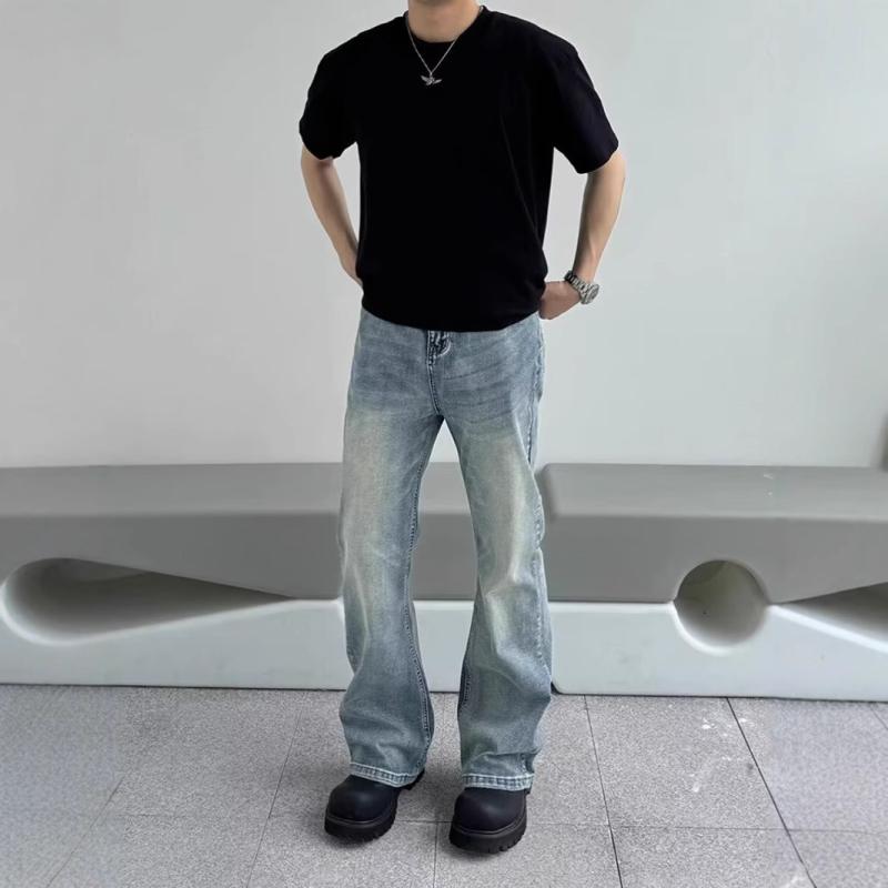 デニム メンズ ストレート ジーンズ ウォッシュ加工 ジーパン ズボン パンツ VIBEスタイル ゆったり ルーズフィット ベルボトム カジュアル アメカジ ブルージーンズ