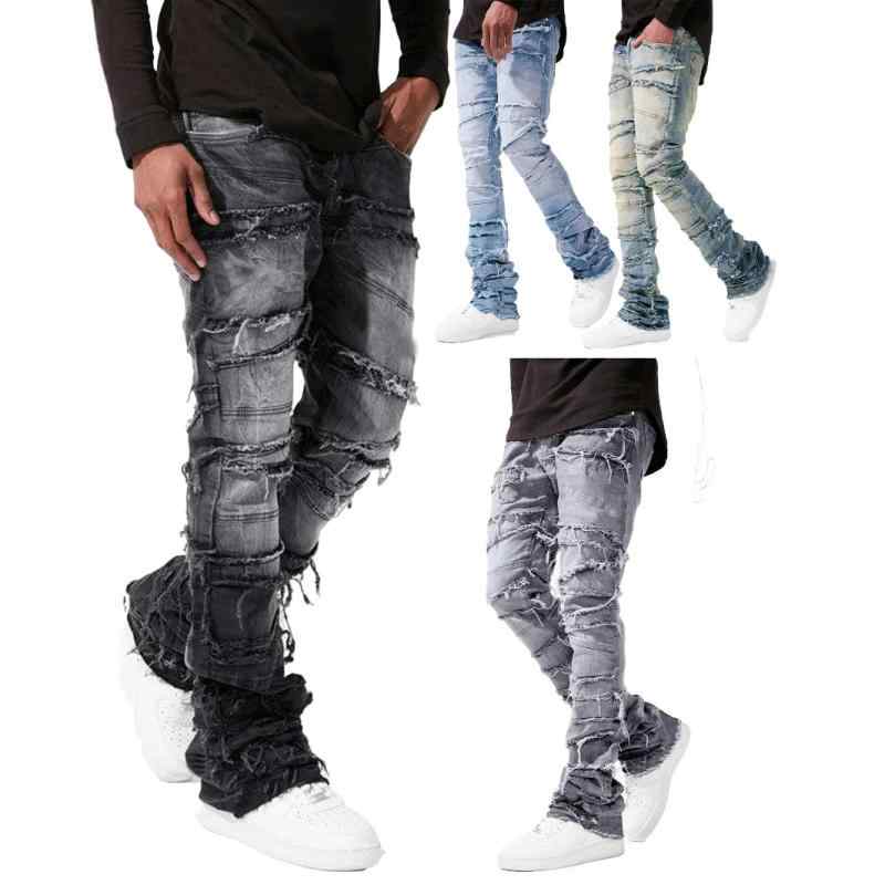 Pants - ジーンズ メンズ デニム ストレート 伸縮性 ウォッシュ加工 貼布 飾り付き カジュアル ブラック グレー ブルー ジーパン