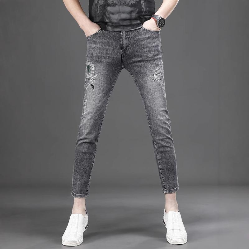 Slacks - デニム メンズ 9分丈 スキニーパンツ 黒グレー スリム ストレッチ 伸縮性 薄手 男性用 ジーパン Gパン カジュアル スタイリッシュ