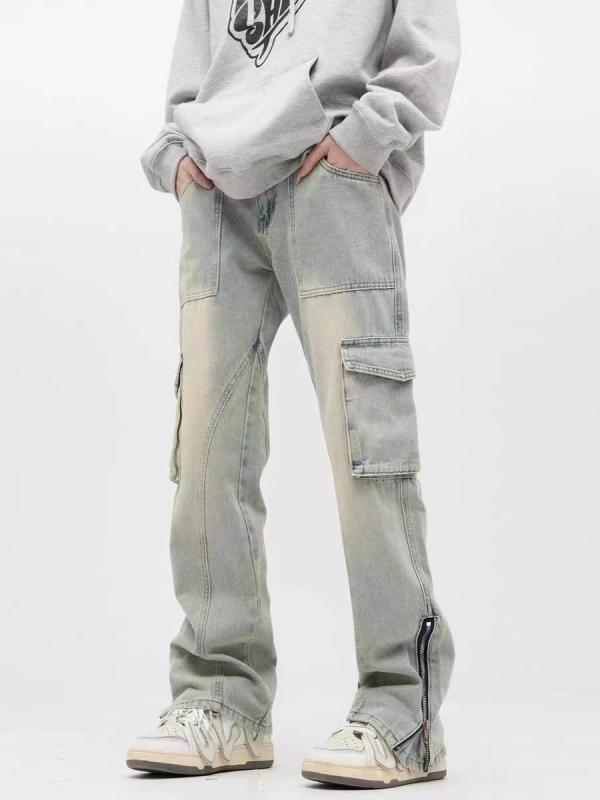 デニム メンズ パンツ 黄泥染め ジーンズ ストレート ワークパンツ ゆったり ヴィンテージ加工 秋冬(4)