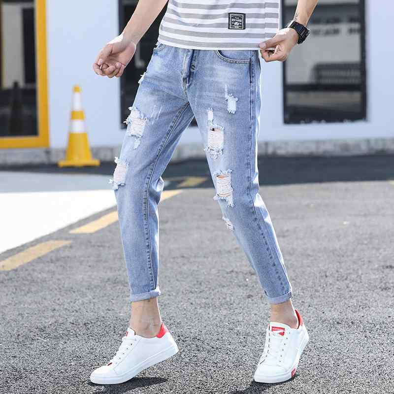 Pants - デニム メンズ ジーンズ スキニー スリム ダメージ加工 ウォッシュ加工 9分丈 男性用 ズボン パンツ カジュアル 薄手 通気性