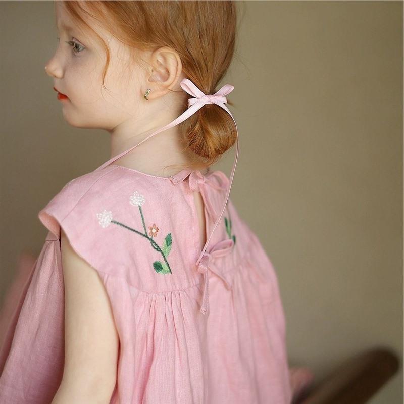 ワンピース ガールズ 刺繍 花柄 コーデュロイ Aライン 吊りスカート ピンク系 春夏 新生児 幼児 子供服(4)