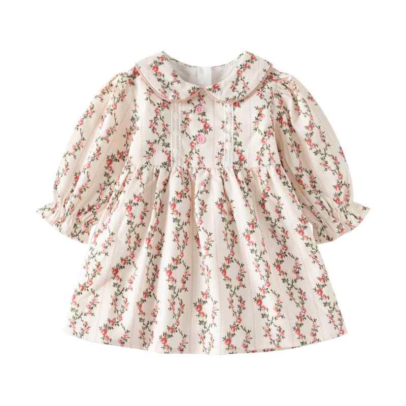 乐天商城 - ワンピース キッズ 女の子 長袖 コーデュロイ フラワープリント Aライン 春秋 80 90 100 かわいい 1歳 2歳 3歳