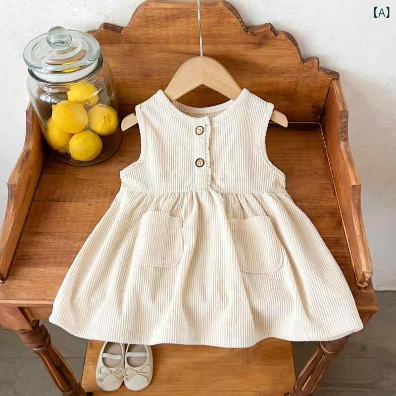 ワンピース キッズ 背心ワンピース Aライン コーデュロイ ノースリーブ 子供服 ベビー服 杏色 73cm 80cm 90cm 100cm 春夏