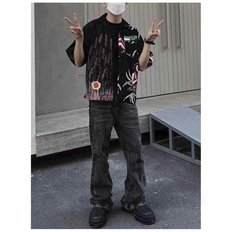 デニム メンズ ヴィンテージ ウォッシュ加工 ストレート ブラックジーンズ ジーパン ダメージ加工 ゆったりめ