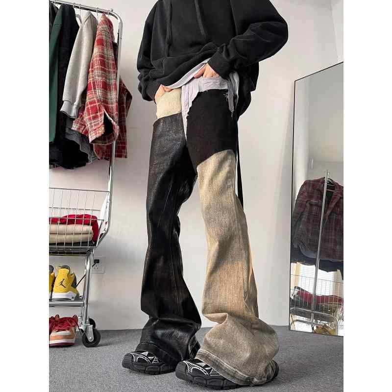下裝 - デニム メンズ ダメージ加工 ストレート パンツ ウォッシュ加工 切り替え コットン ゆったり 春 スプリング アメカジ カジュアル