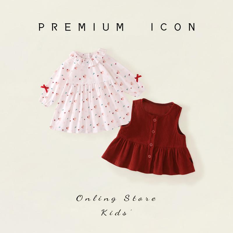 子供用アンサンブル 春秋 女の子 コーデュロイベストと花柄ワンピースのセットアップ かわいい キッズ ガールズ 普段着