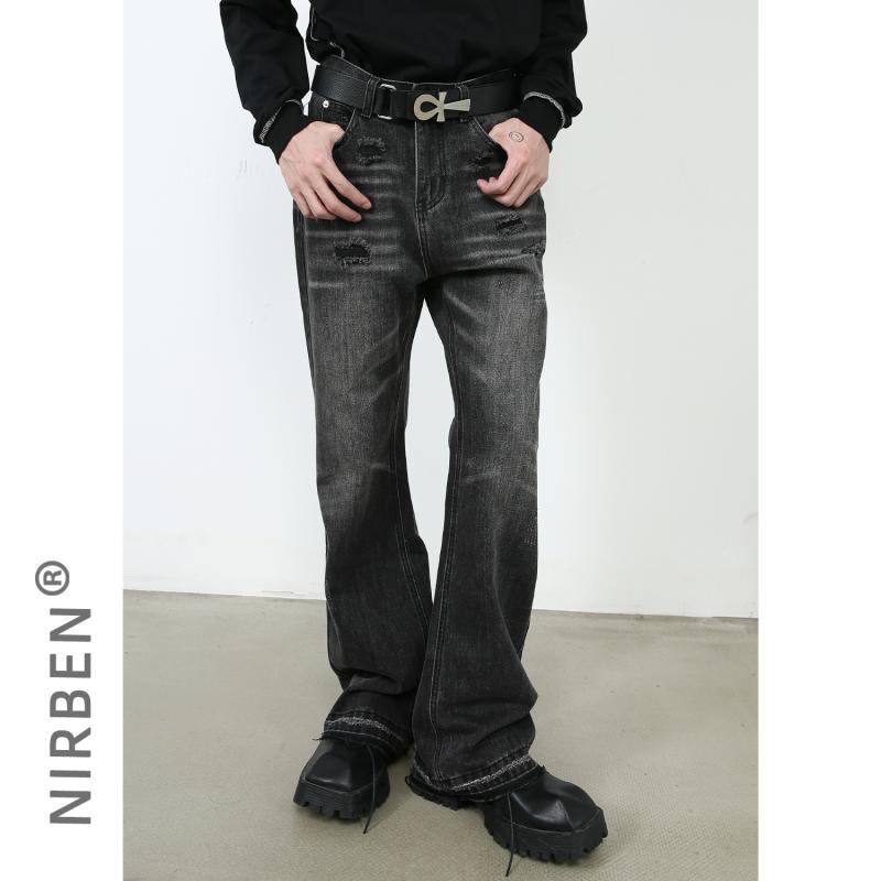 Rakuten - デニム メンズ 男性用 ジーンズ ジーパン ストレート ヴィンテージ風 ウォッシュ加工 裾広がり 黒グレー 綿混紡