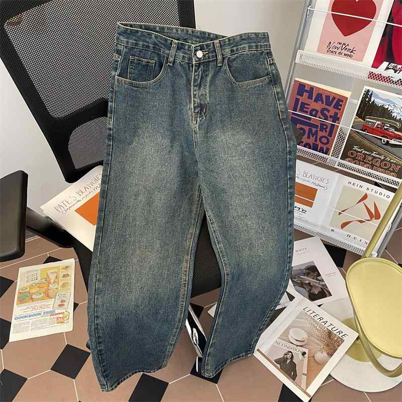 デニム メンズ ストレート ワイドレッグ ジーンズ ウォッシュド加工 Vネック ゆったり 中厚手 アメカジ 春