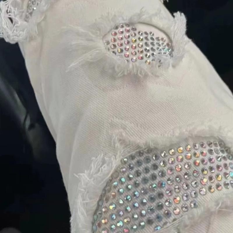 デニム メンズ ダメージジーンズ ウォッシュド スリムフィット ラインストーン リペア パッチワーク Gパン ジーパン 白 ホワイト カジュアル シーズンレス