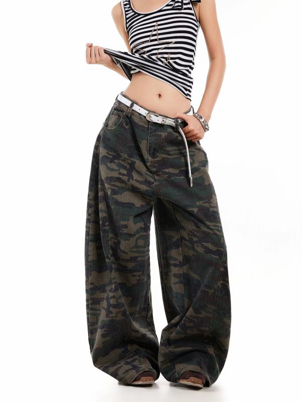 デニムパンツ メンズ アメリカンレトロ ミリタリー 迷彩柄 ワイド バギーパンツ カーブカット ストリートファッション ズボン(4)