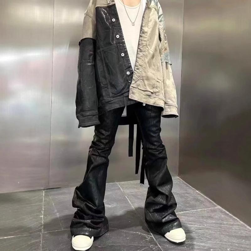 デニムパンツ 男性用 黒 刷毛塗り加工 ハイウエスト ベルボトム 無地 ジーパン Gパン 韓国風