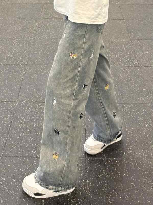 ジーンズ メンズ 水洗い ストレート デニムパンツ ジーパン ダックスフント 犬 ウォッシュ加工 ブルー ブラック カジュアルパンツ