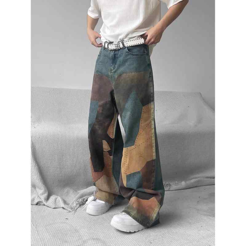 デニム メンズ ジーンズ ストレート ウォッシュ加工 ダメージ加工 切り替え アメカジ カジュアル ロングパンツ ジーパン ブルー(4.0)