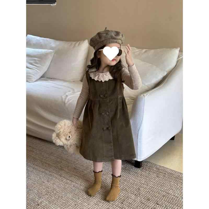 ワンピース キッズ 女の子 コーデュロイ ノースリーブ ベストワンピース Aライン 春秋 90 100 110 120 130 140 150 花柄レース トップス付き