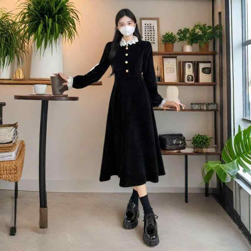 ワンピース レディース 大きいサイズ 秋冬 コーデュロイ Aライン ミモレ丈 長袖 切り替え 配色 ラウンドネック レトロ 中国風 文芸風 スタイル