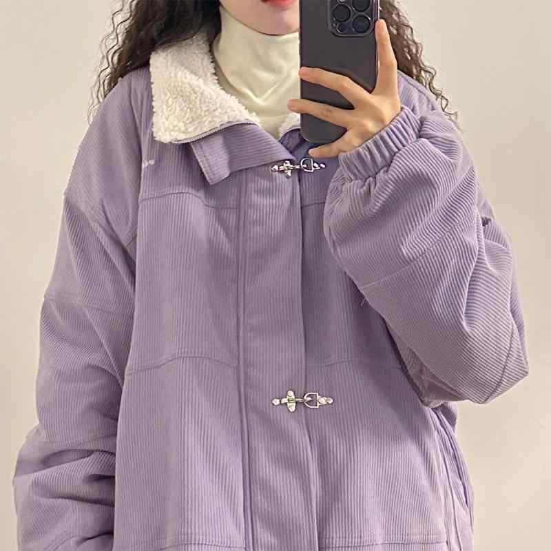 コート レディース 大きいサイズ 裏起毛 コーデュロイ 綿 アウター ランチコート POLO襟 無地 パープル ピンク系 ブラウン系 秋冬