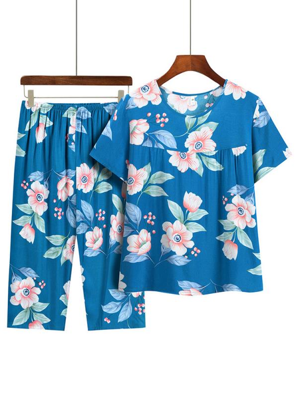 Tシャツ レディース 40代 50代 60代向け チュニック 2点セット 花柄 竹繊維 ポリエステル混紡 コーデュロイ 薄手 ゆったり カジュアル 春夏