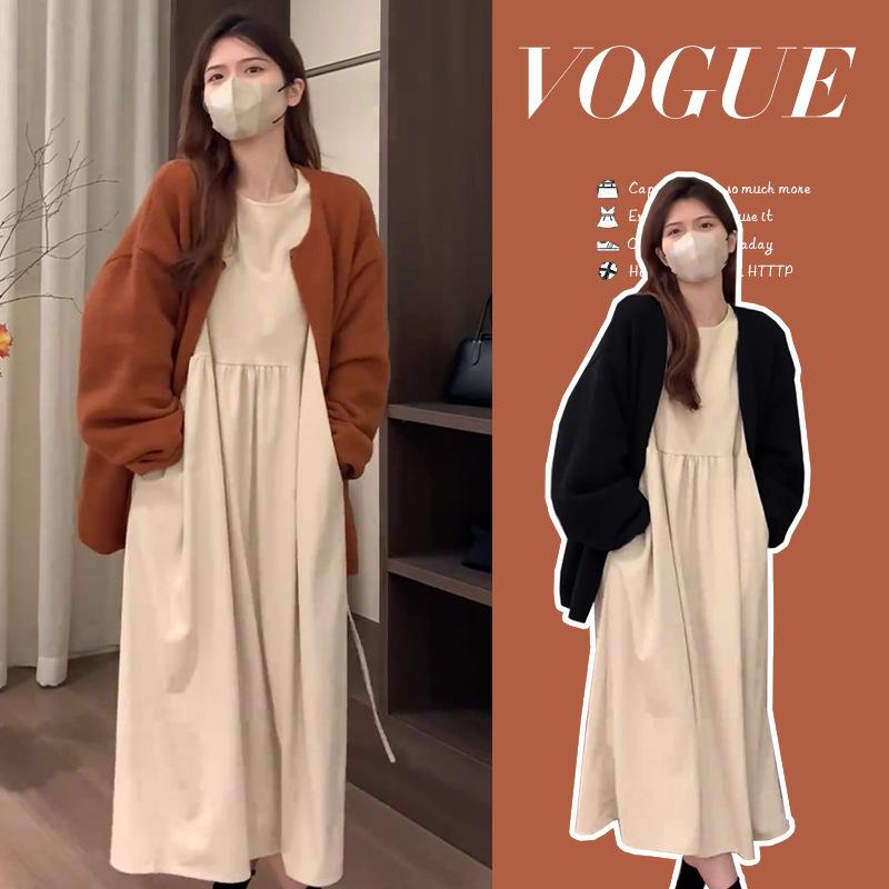 乐天商城 - マタニティワンピース & ニットカーディガン セットアップ コーデュロイ 長袖 コットン 授乳服 妊婦服 産前産後ウェア ルームウェア 部屋着 オレンジ ブラック ベージュ
