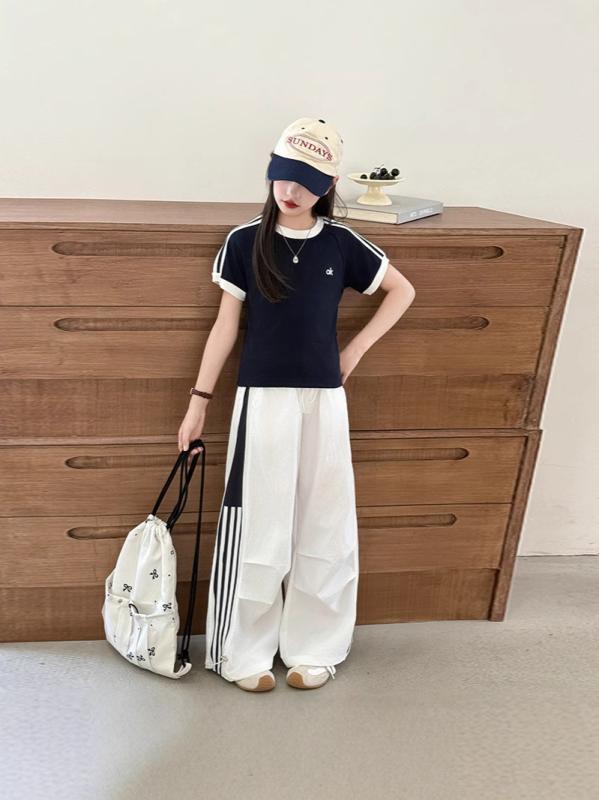 子供服 セットアップ ガールズ Tシャツ トップス カーゴパンツ 2点 上下セット 薄手 速乾性 パンツ ズボン 夏 B級 高学年 女児 女の子 120 130 140 150 160 170 ホワイト 白 紺色