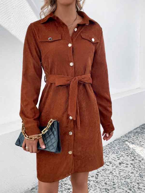 ワンピース レディース 膝上丈 Aライン 襟付き 長袖 コーデュロイ ウエストベルト 無地 栗色 秋冬 エレガント 通勤