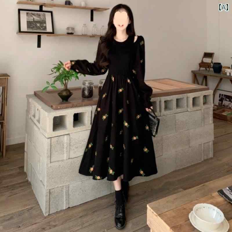 ワンピース レディース 大きいサイズ 刺繍 コーデュロイ Aライン 花柄 切り替え ニット ミモレ丈 長袖 ラウンドネック 黒 ブラック 秋冬 ストリート 2