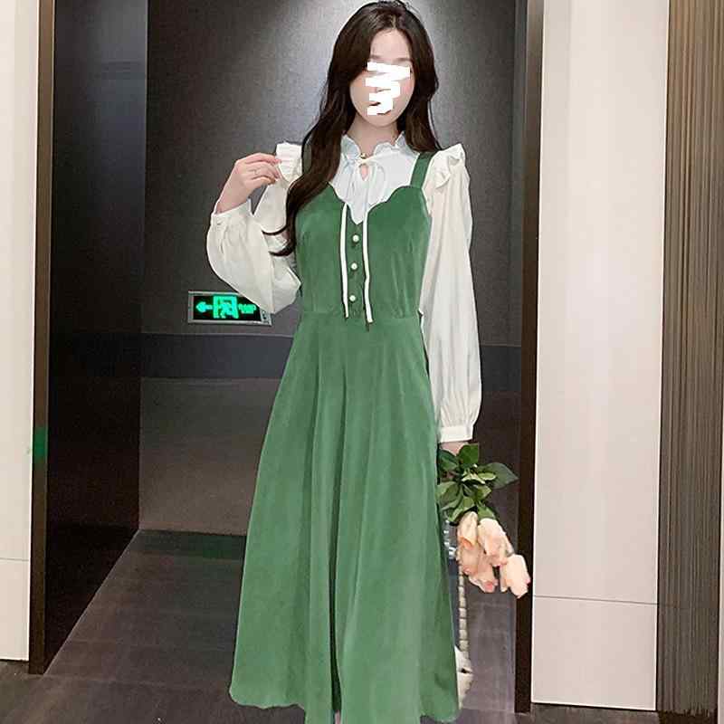 ワンピース レディース コーデュロイ キャミソール Aライン ロング丈 2点セット 春秋 長袖 パフスリー..