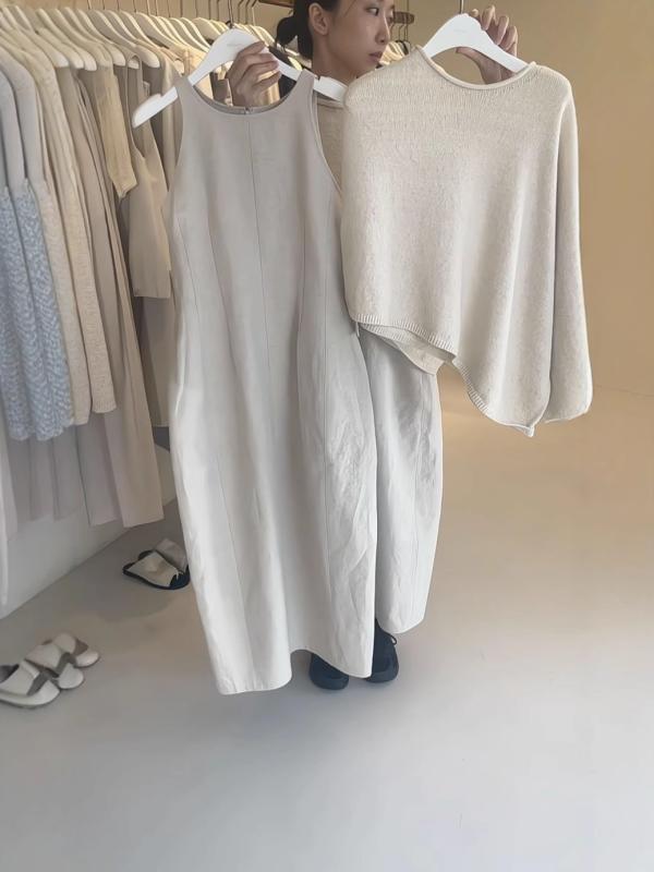 ワンピース レディース 高級感 ノースリーブ ベスト ニット アンサンブル セットアップ ミモレ丈 ミディ丈 無地 文芸風 S M L 春
