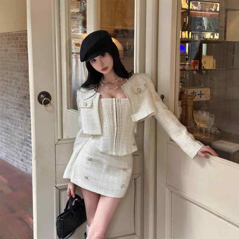 セットアップ レディース フレンチスタイル ジャケット ビスチェ 2点セット シェニール織 無地 プリンセススリーブ ノースリーブ 上下セット S M L
