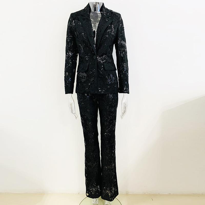 パンツスーツ レディース 刺繡 レース シースルー 長袖 ジャケット ロングパンツ 上下セット ブラック ホワイト ストリート カジュアル..