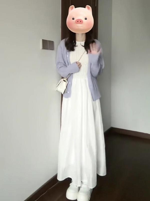 ワンピース レディース ノースリーブ ロング丈 ポリエステル 無地 Aライン 切り替え デザイン セットアップ カーディガン ミディ丈 韓国風 カジュアル 春秋