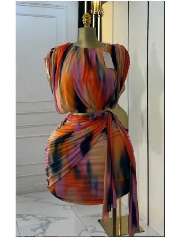 セットアップ レディース 春夏 ノースリーブ トップス スカート 上下 2点 セット ギャザー 絞り染め プリント柄 ポリエステル 欧美風 ストリート カジュアル