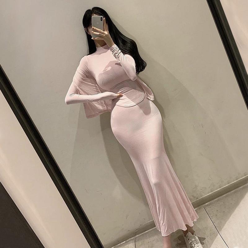 セットアップ レディース 韓国風 スリムフィット 長袖Tシャツ カーディガン ロングスカート 3点セット ブラック グレー ピンク系 コーヒー色 粘胶纤维 伸縮性