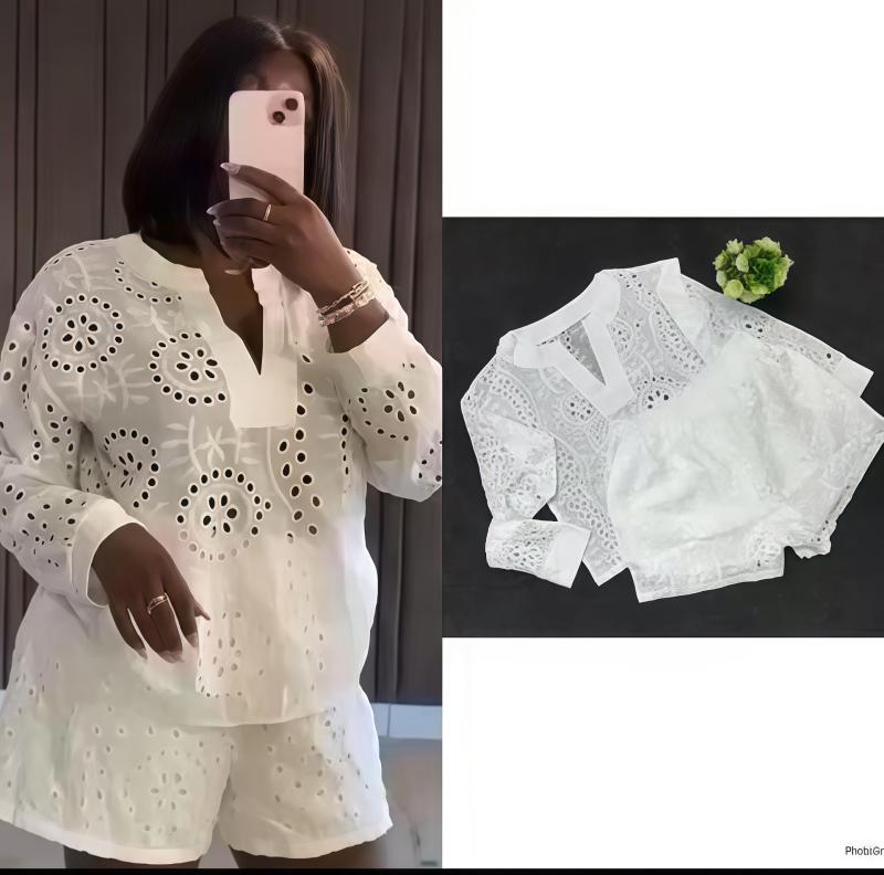 セットアップ レディース 春秋 長袖 Vネック トップス ショートパンツ 無地 ポリエステル ホワイト S M L XL XXL 欧美風 清新 甘め