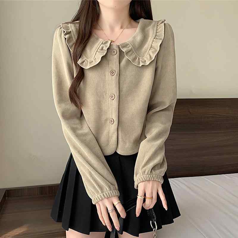 シャツ レディース コーデュロイ トップス 長袖 襟付き ショート丈 ブラウス カットソー かわいい ガーリー フェミニン ゆったり 絞り加工 無地 ボタン 秋冬 コーヒー色