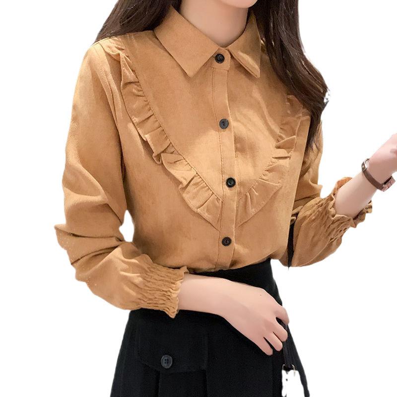 Rakuten - シャツ レディース 秋冬 コーデュロイ 長袖 厚手 裏起毛 あったか ブラウス トップス チュニック ゆったり POLO襟 墨緑色 白色 カーキ色 ピンク系 赤色 青色