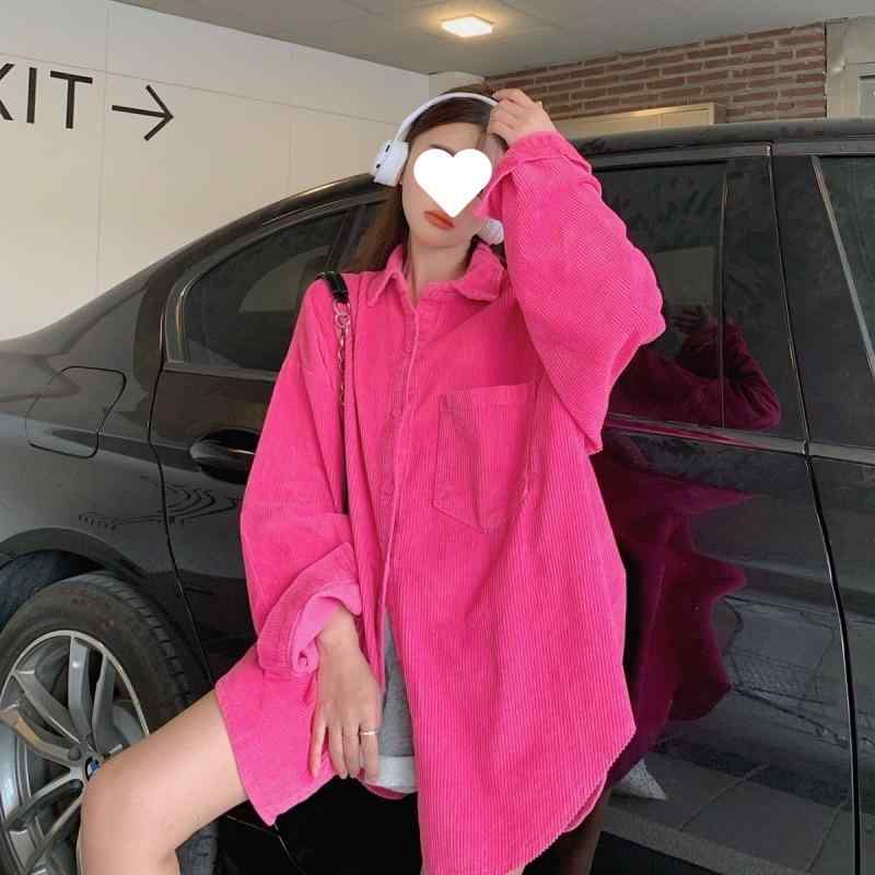 シャツ レディース 蛍光グリーン コーデュロイ POLO襟 長袖 ミドル丈 チュニック ゆったりシルエット マカロンカラー カジュアル 通勤 ポリエステル