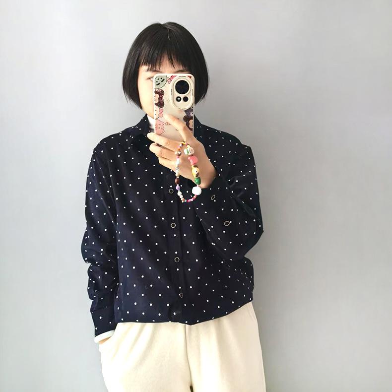 シャツ レディース 長袖 コーデュロイ 水玉 ドット柄 襟付き トップス ゆったりサイズ 紺色 ネイビー系 カジュアル 日韓スタイル かわいい