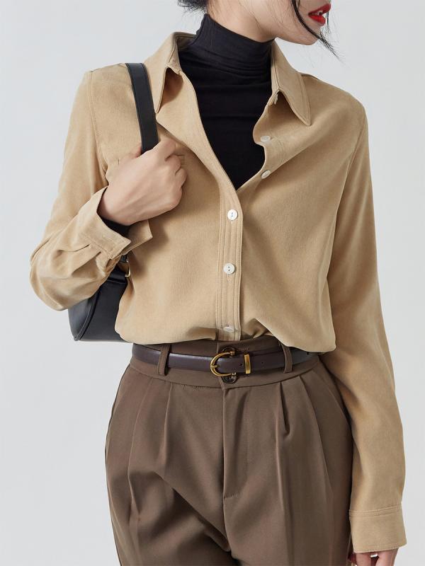 シャツ レディース 秋冬 コーデュロイ トップス デザイン 長袖 無地 厚手 起毛 白 グレー 杏色 カーキ ブルー