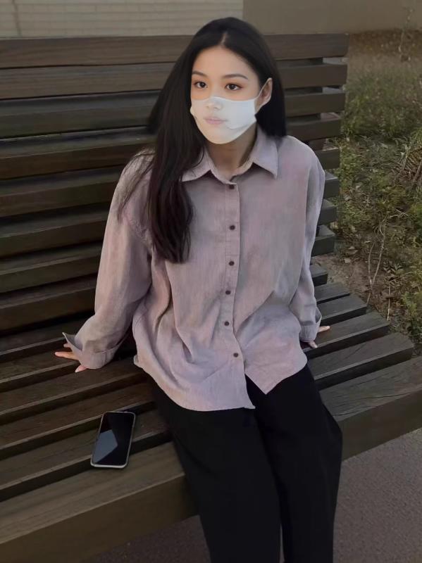 Rakuten - シャツ レディース ランタンスリーブ コーデュロイ 襟付き 格子柄 パープル 韓国風 ゆったり ポリエステル レトロ トップス ブラウス